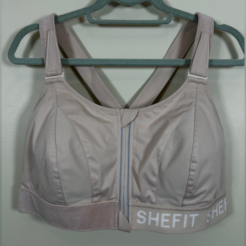 SHEFIT Light Beige/Pale Pink Front-Zip High Support Sports Bra